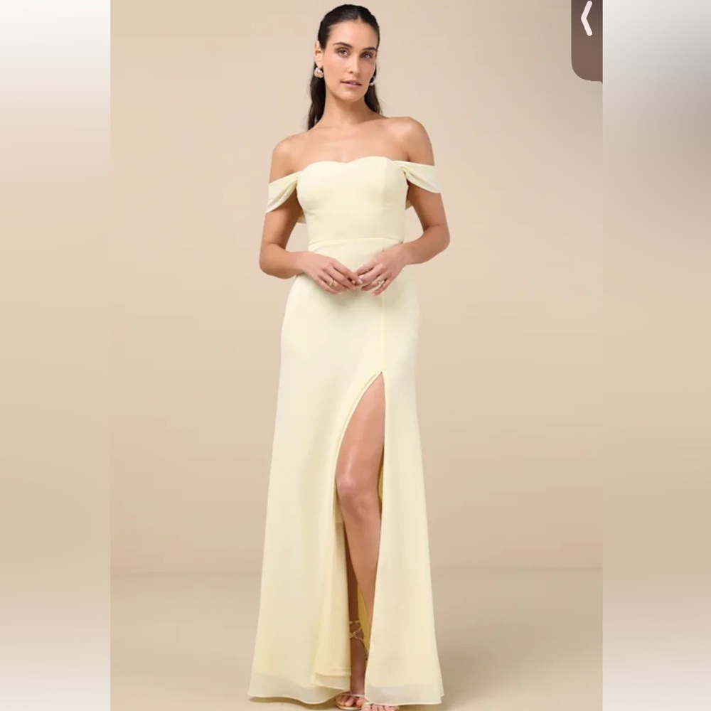 NWT Lulus Magical Magnetism Pale Yellow Off-the-Shoulder Maxi Dress